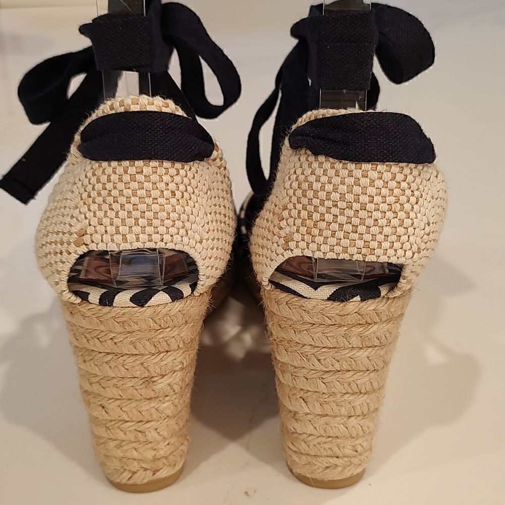 Tory Burch Geo Print Platform Wedge Espadrilles Navy White Boho Sandals - Picture 4 of 11